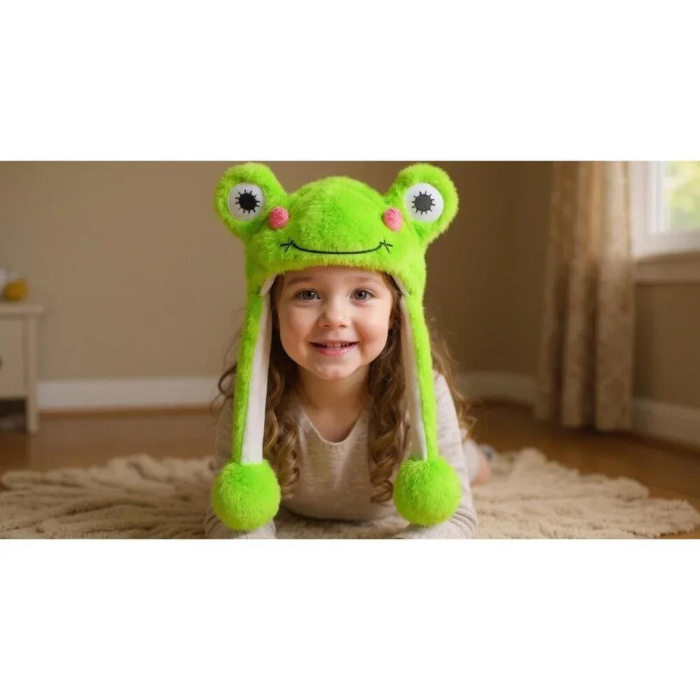 Kids Frog Animal Hat with Ears Moving Jumping Pop Up Beating Plush Holiday